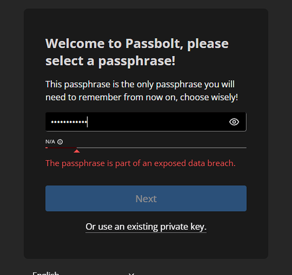 Passbolt avisando de que la frase secreta forma parte de una filtración conocida, con el botón siguiente desactivado