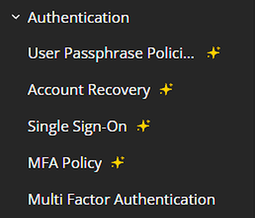 Ajustes de autenticacion de Passbolt: cuatro opciones marcadas con una estrella y Multi Factor Authentication sin ella