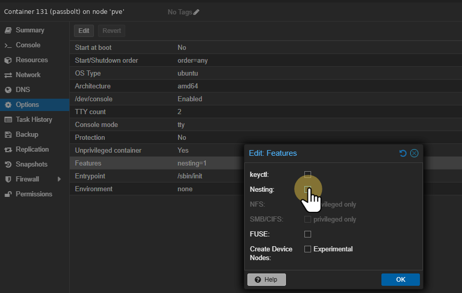 Dialogo Edit Features de Proxmox con las casillas keyctl, Nesting, NFS, SMB/CIFS y FUSE