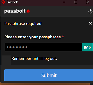 Diálogo de Passbolt pidiendo la frase secreta con el token de seguridad del usuario visible dentro del campo
