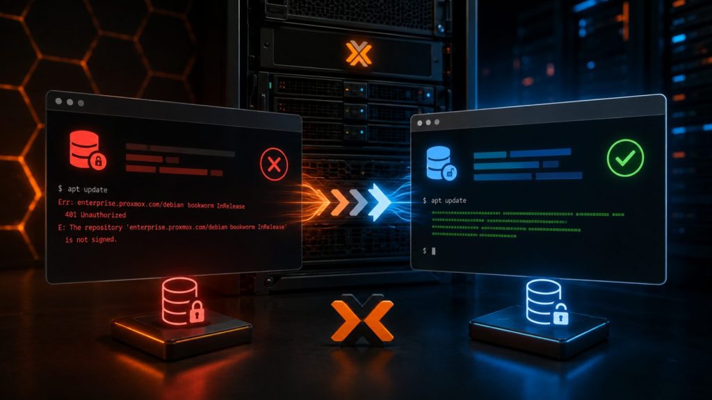 Dos terminales enfrentados sobre un servidor Proxmox: a la izquierda, en rojo, el error 401 Unauthorized del repositorio enterprise; a la derecha, en verde, un apt update que termina sin errores