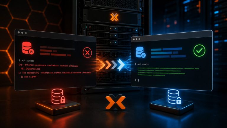 Dos terminales enfrentados sobre un servidor Proxmox: a la izquierda, en rojo, el error 401 Unauthorized del repositorio enterprise; a la derecha, en verde, un apt update que termina sin errores