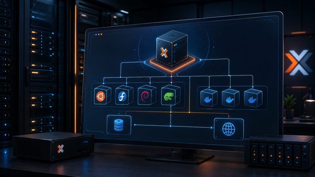 Diagrama en pantalla de un nodo Proxmox repartiendo sus recursos entre máquinas virtuales con Ubuntu, Fedora, Debian y openSUSE y varios contenedores con Docker