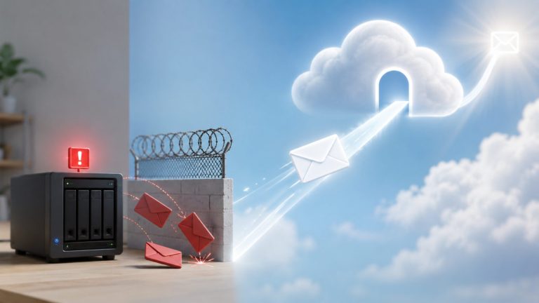 Un servidor doméstico con un aviso rojo intenta enviar correos que se estrellan contra un muro con alambre de espino y caen al suelo, mientras un sobre blanco rodea el obstáculo por el aire atravesando una nube y sigue su camino