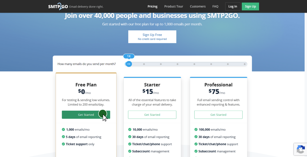 Pagina de precios de SMTP2GO con el boton Get Started bajo el plan gratuito