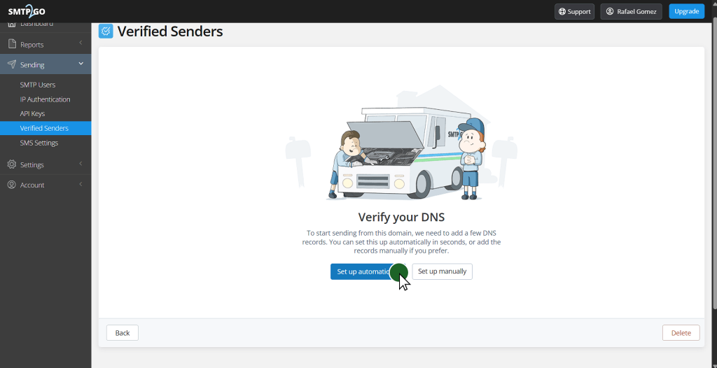 SMTP2GO ofrece configurar los registros DNS automaticamente o a mano