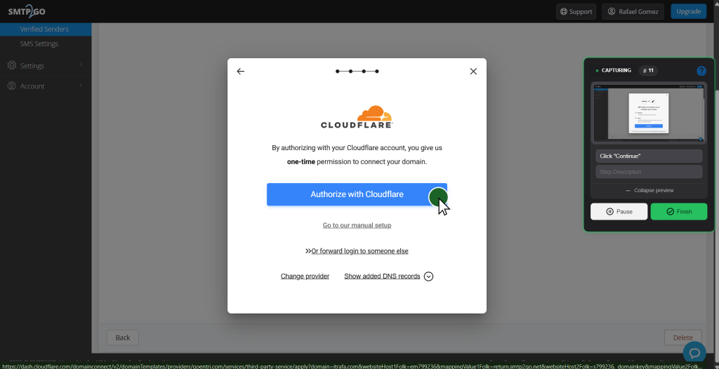 Dialogo de Entri pidiendo permiso puntual para escribir los registros en Cloudflare