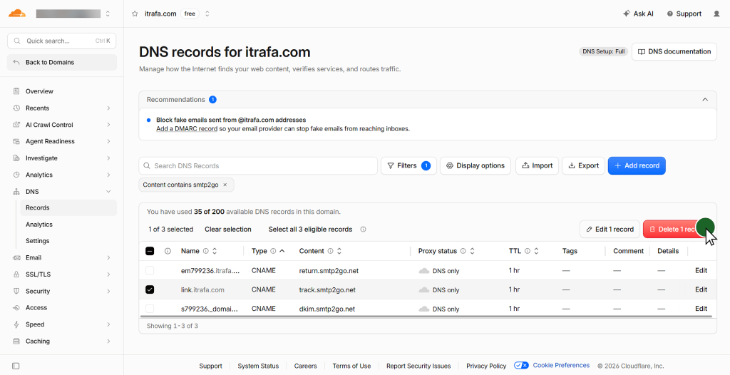 Seleccion del CNAME link en Cloudflare para borrarlo