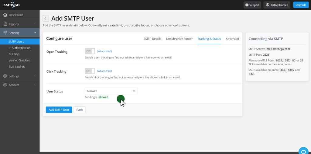 Pestaña Tracking and Status de SMTP2GO con los interruptores de rastreo de aperturas y de clics apagados