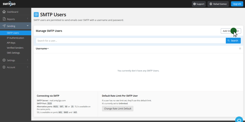Panel de SMTP2GO en Sending, SMTP Users, con el botón Add SMTP user y los datos de conexión