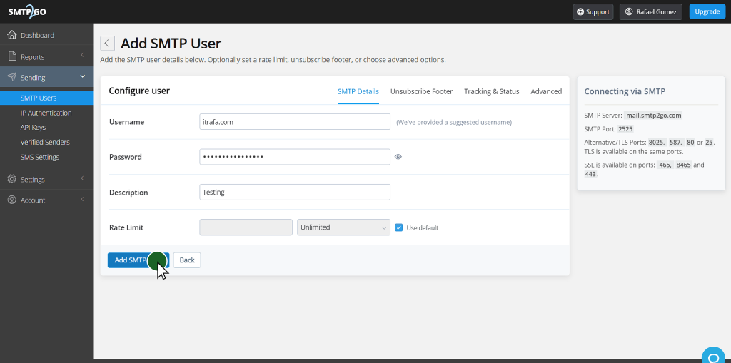 Formulario Add SMTP User de SMTP2GO con usuario, contraseña, descripción y límite de envío