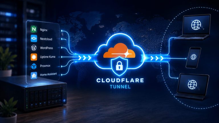 Un servidor doméstico con Nginx, Nextcloud, WordPress, Uptime Kuma, Proxmox y Home Assistant conectado a través de un túnel cifrado de Cloudflare hasta un portátil, un móvil y una tableta en el exterior