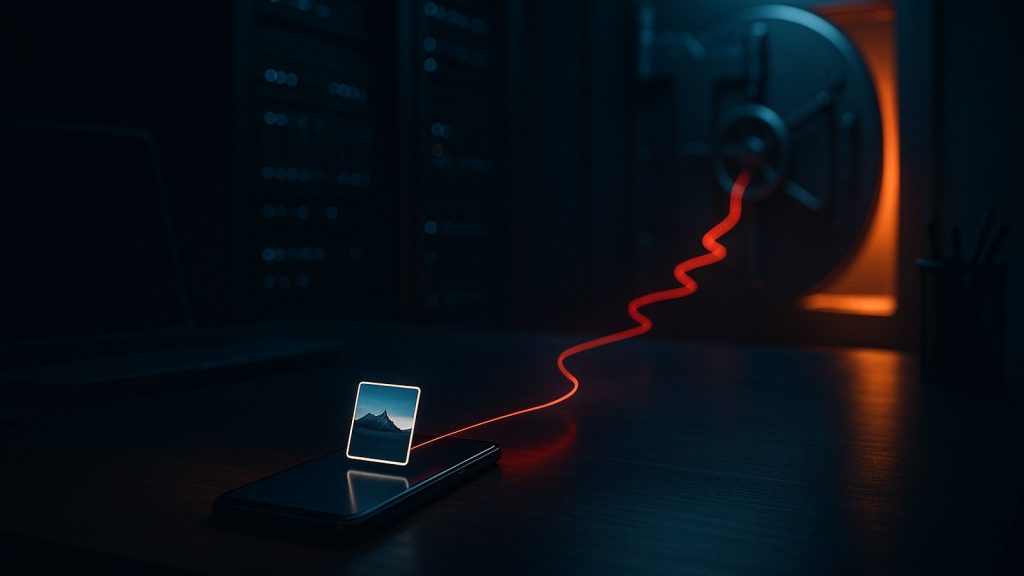 Un teléfono sobre un escritorio a oscuras con una foto brillando encima; de ella sale un hilo de luz roja que cruza un rack de servidores hasta una cámara acorazada entreabierta