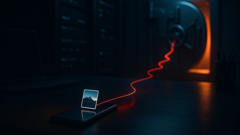 Un teléfono sobre un escritorio a oscuras con una foto brillando encima; de ella sale un hilo de luz roja que cruza un rack de servidores hasta una cámara acorazada entreabierta