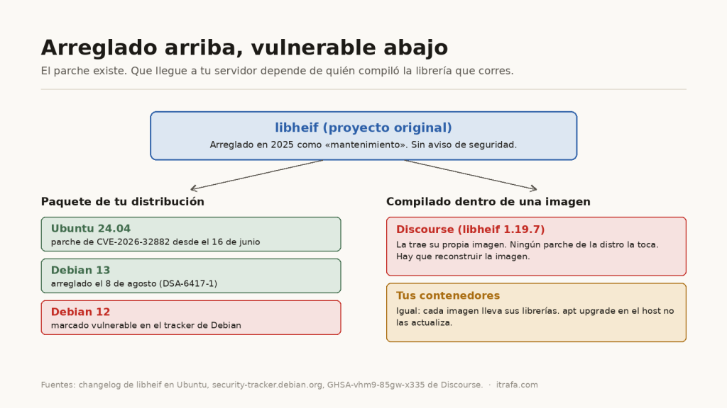 Diagrama: el arreglo de libheif llegó a Ubuntu 24.04 y Debian 13 pero Debian 12 sigue marcado vulnerable, y una copia compilada dentro de una imagen, como la de Discourse, no recibe ningún parche de la distribución.