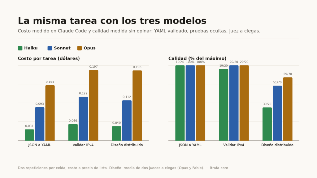 Dos gráficas de barras. Costo por tarea: Haiku entre 0,031 y 0,046 dólares, Sonnet entre 0,093 y 0,122, Opus entre 0,154 y 0,197. Calidad: los tres aciertan el YAML; en IPv4 Haiku pasa 19 de 20 pruebas y los otros 20; en diseño distribuido Haiku saca 30 de 70, Sonnet 51 y Opus 59.