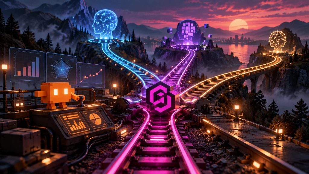 Una vía de tren iluminada llega a un cambio de agujas y se divide en tres, azul, morada y dorada, cada una hacia una cabeza luminosa distinta sobre un acantilado al atardecer; a un lado, un pequeño robot naranja de píxeles maneja la palanca