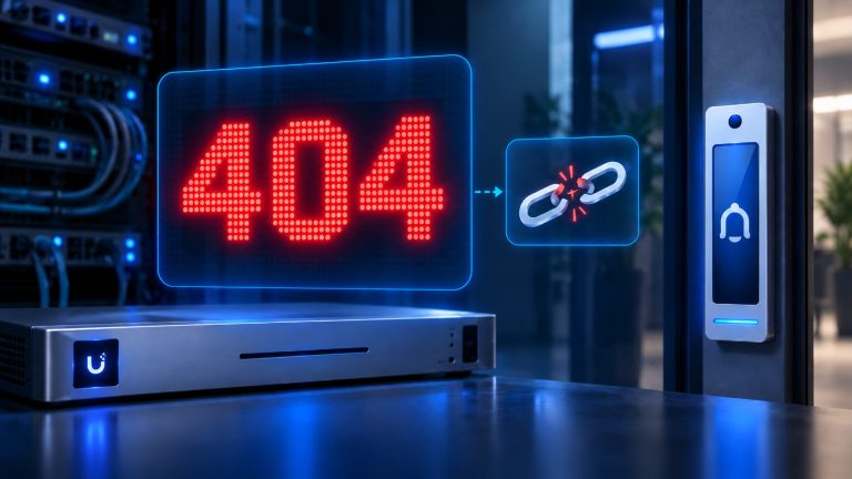 Consola UniFi con un 404 rojo en matriz de puntos en un panel holográfico, una cadena rota y un lector de acceso en el marco de una puerta