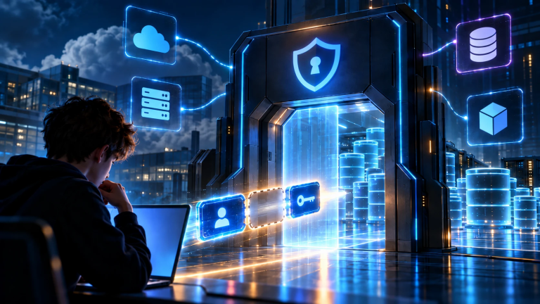 Ilustración: un joven frente a una laptop mira una puerta blindada futurista que da a un centro de datos iluminado; una credencial de identidad con el borde punteado, sin firmar, pasa junto a una llave hacia la puerta.