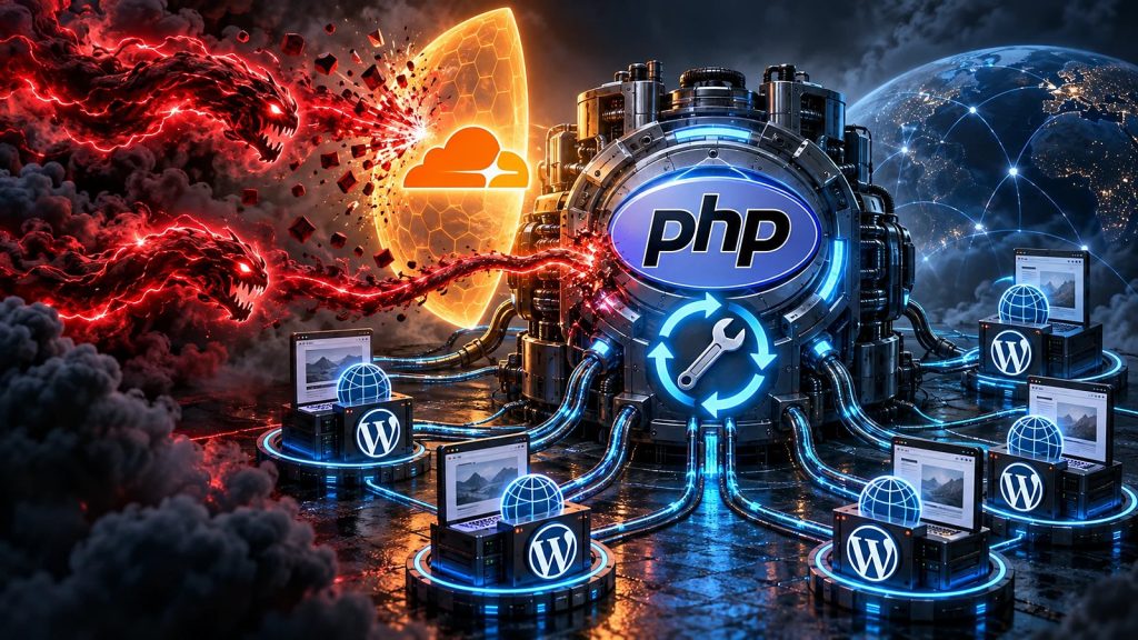 Illustration: two red dragon-shaped attacks strike a server bearing the PHP logo. One hits a Cloudflare shield and the other goes around it and reaches the server, which feeds several WordPress sites.